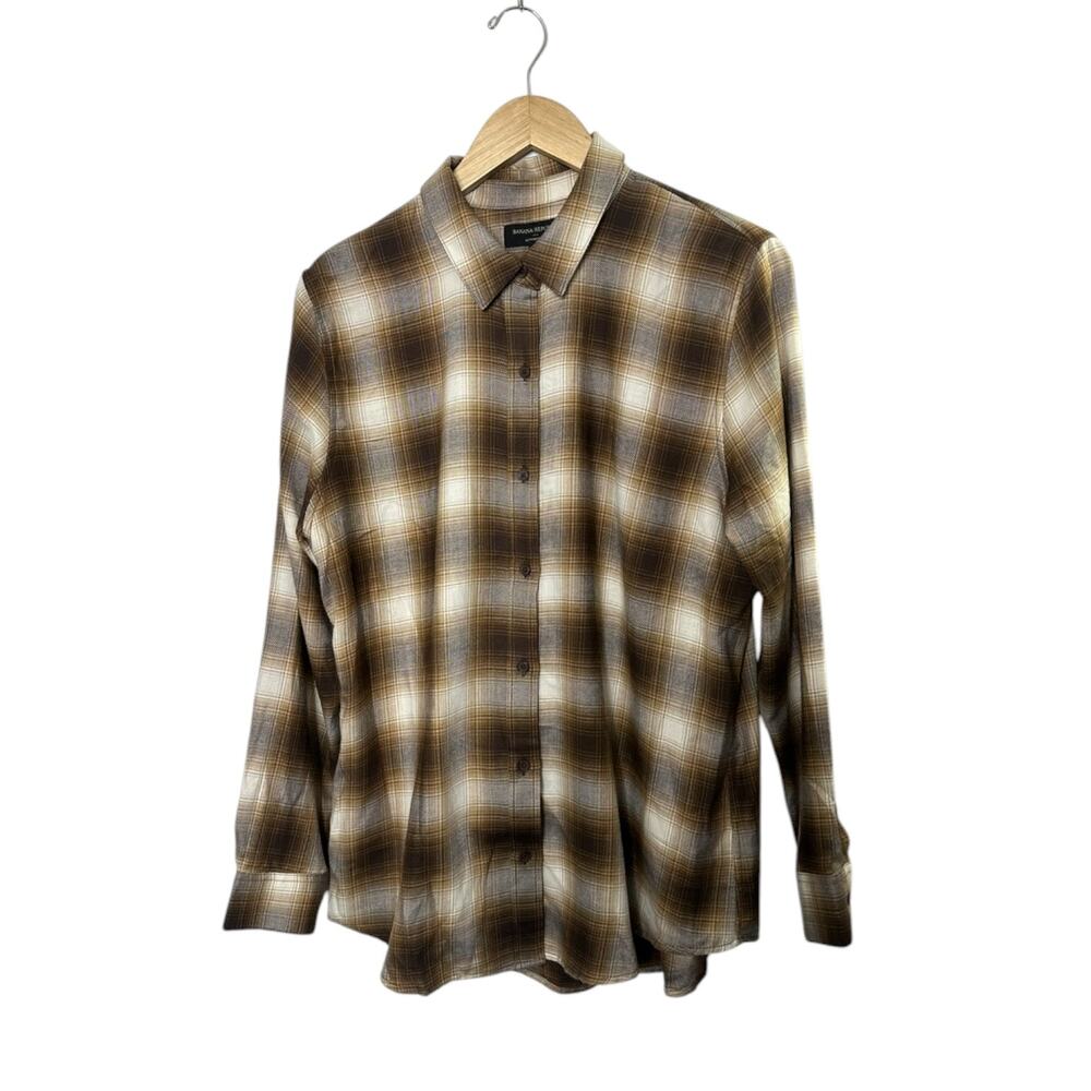 Banana Republic Roasted Cocao Tan Plaid Boyfriend Flannel Shirt Women's Large